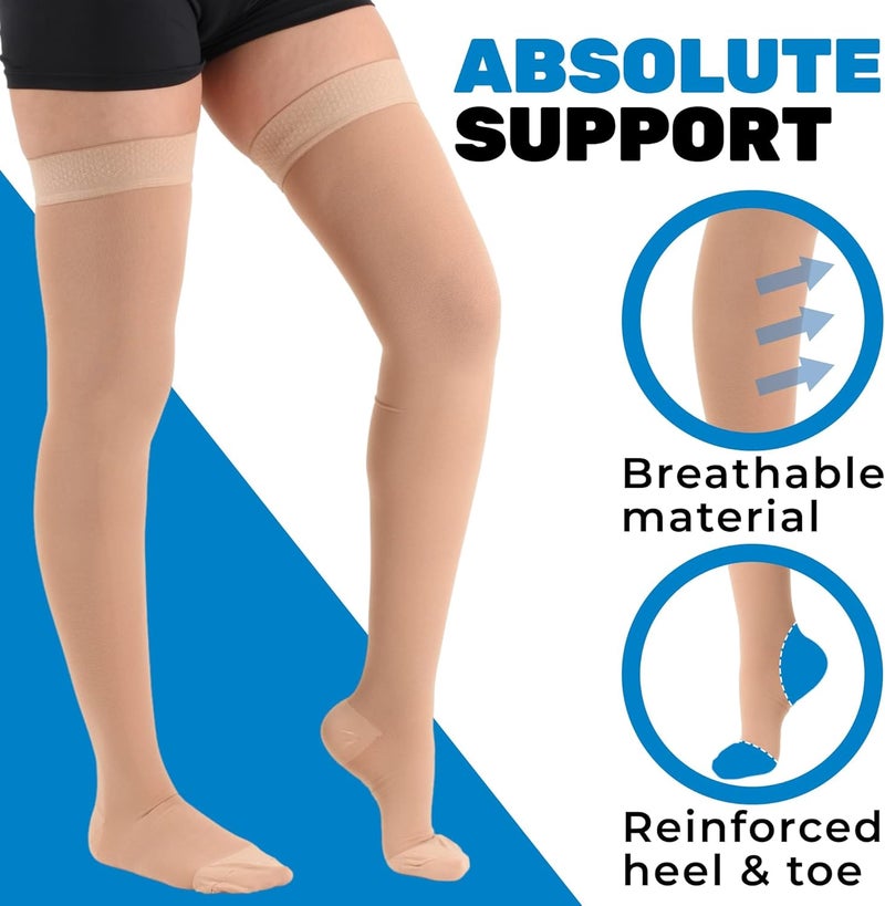 ABSOLUTE SUPPORT Opaque Graduated Compression Thigh High with Open Toe for Women 20-30mmHg | For Varicose Veins Circulation, Edema, Arthritis - Beige, Small, A203BE2 - Image 4